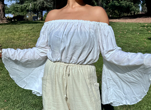 Solid White Off Shoulder with Flowy Sleeves Crop Top