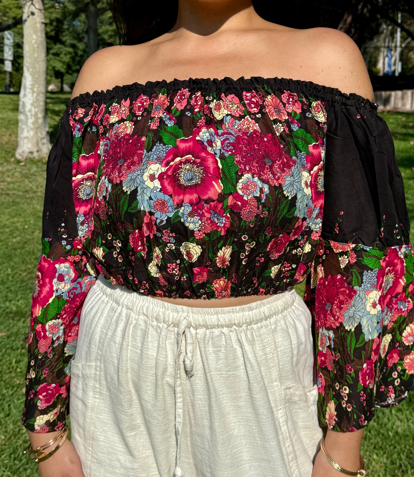 Black Merry Off Shoulder with Flowy Sleeves Crop Top