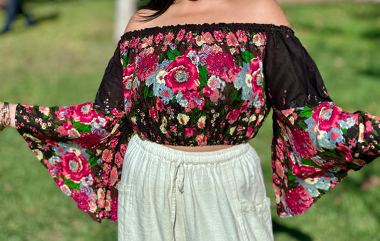 Black Merry Off Shoulder with Flowy Sleeves Crop Top