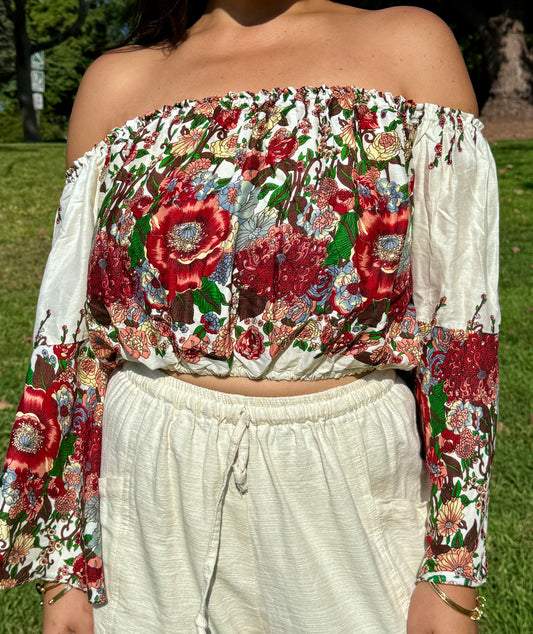 Beige Merry Off Shoulder with Flowy Sleeves Crop Top