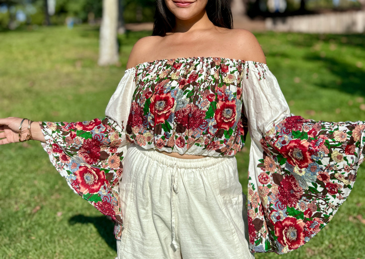 Beige Merry Off Shoulder with Flowy Sleeves Crop Top