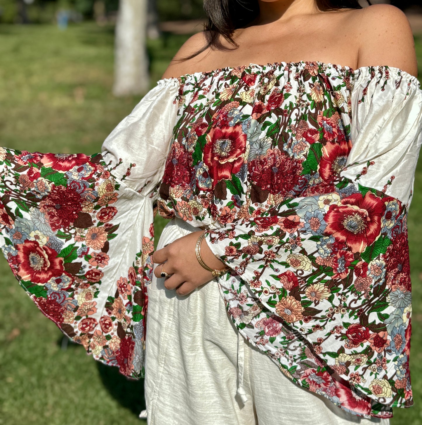 Beige Merry Off Shoulder with Flowy Sleeves Crop Top