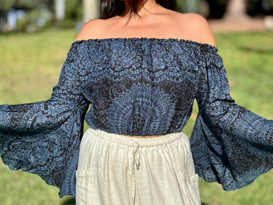 Black Hearty Off Shoulder with Flowy Sleeves Crop Top