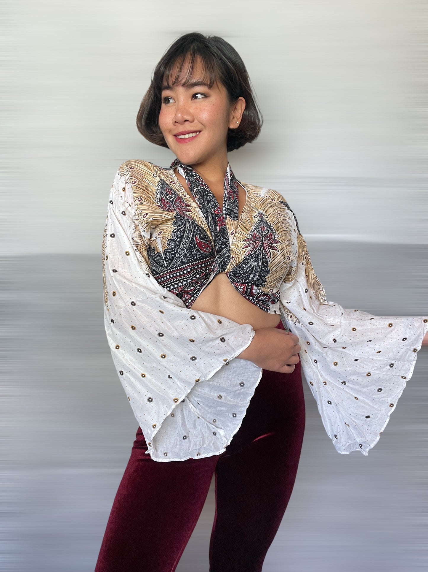 White and Gold Peacock Wrap Tops With Flowy Sleeves