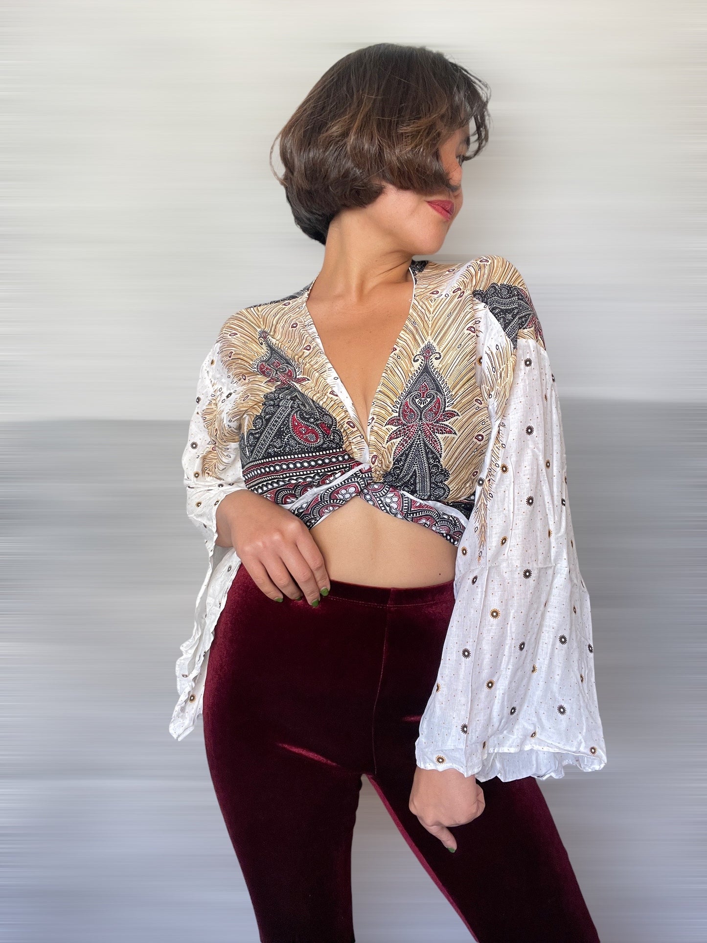White and Gold Peacock Wrap Tops With Flowy Sleeves