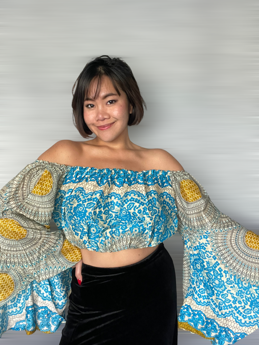 Blue and Yellow Off Shoulder Crop Top