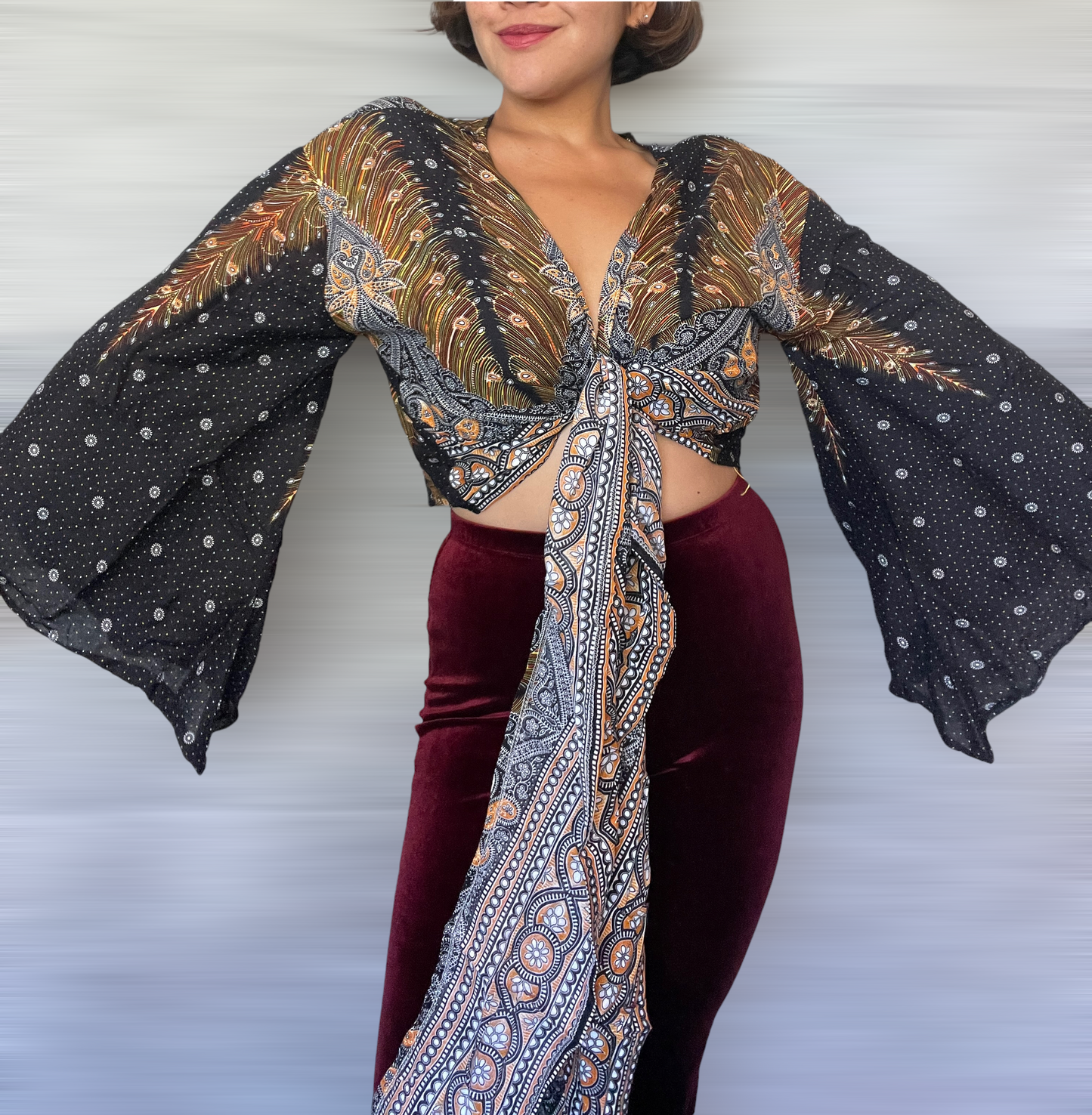 Black and Gold Peacock Wrap Tops With Flowy Sleeves
