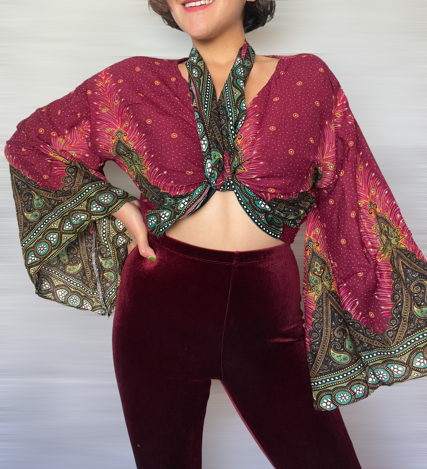Maroon Peacock Wrap Tops With Flowy Sleeves