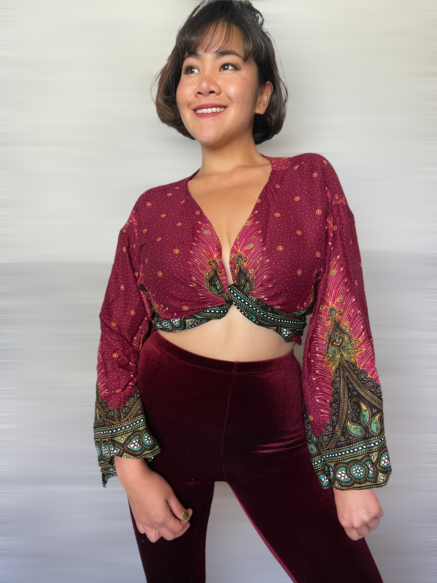 Maroon Peacock Wrap Tops With Flowy Sleeves