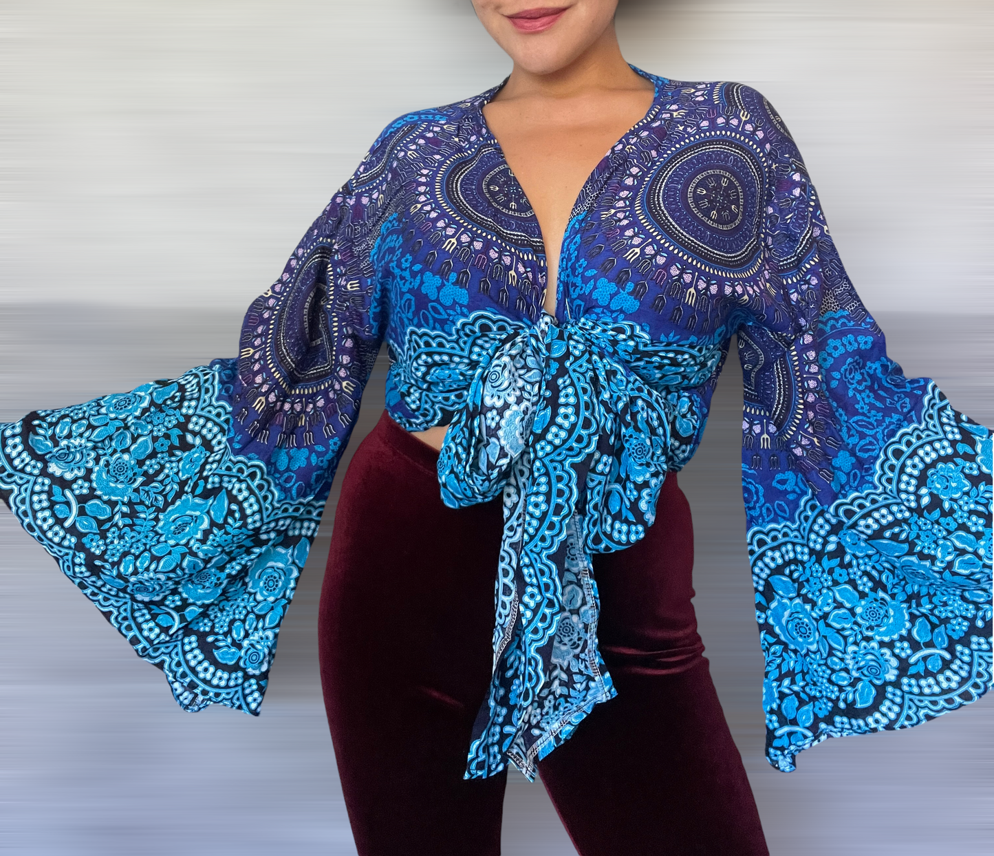 Royal Blue Roses Wrap Tops With Flowy Sleeves