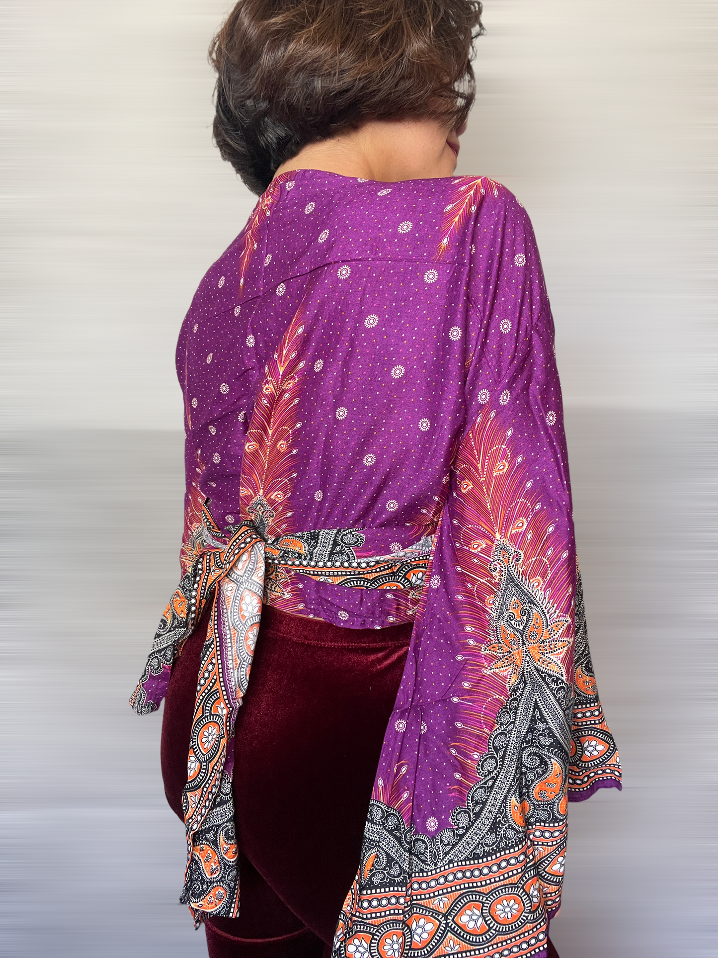 Purple Peacock Wrap Tops With Flowy Sleeves