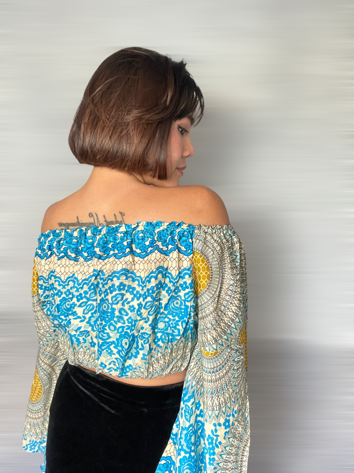 Blue and Yellow Off Shoulder Crop Top