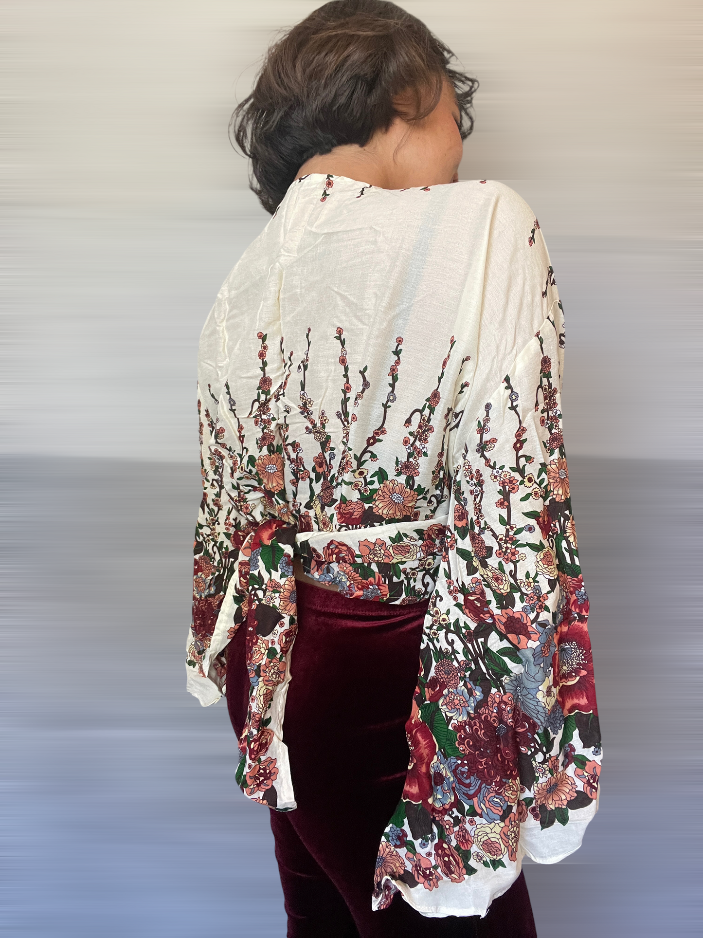 Floral in White Wrap Tops With Flowy Sleeves