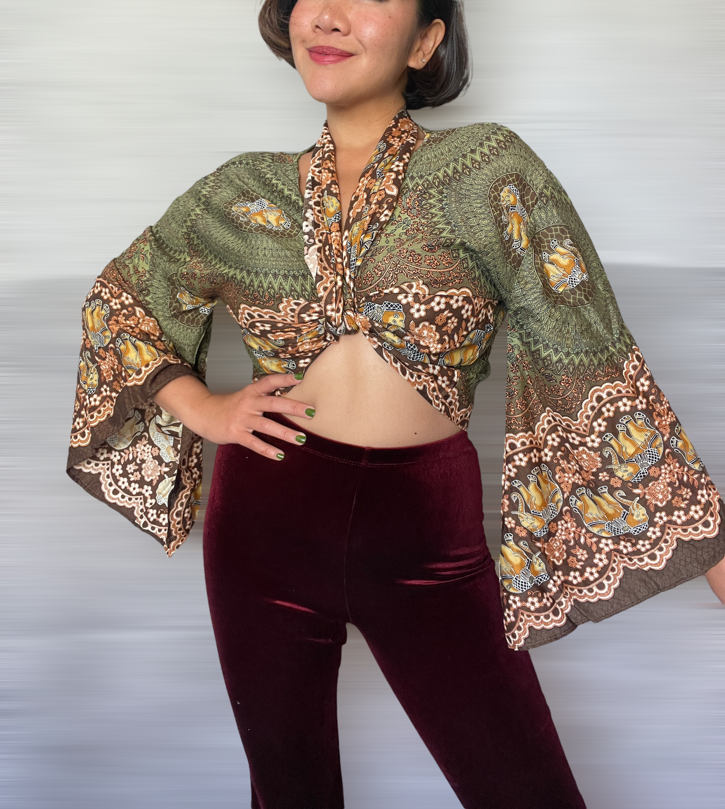 Olive with Golden Elephants Wrap Tops With Flowy Sleeves