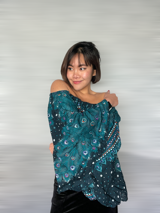 Teal Peacock Off Shoulder Crop Top