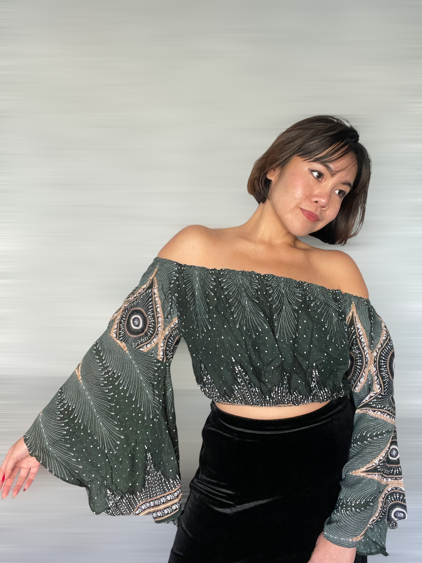 Peacock Olive and Gold Off Shoulder Crop Top